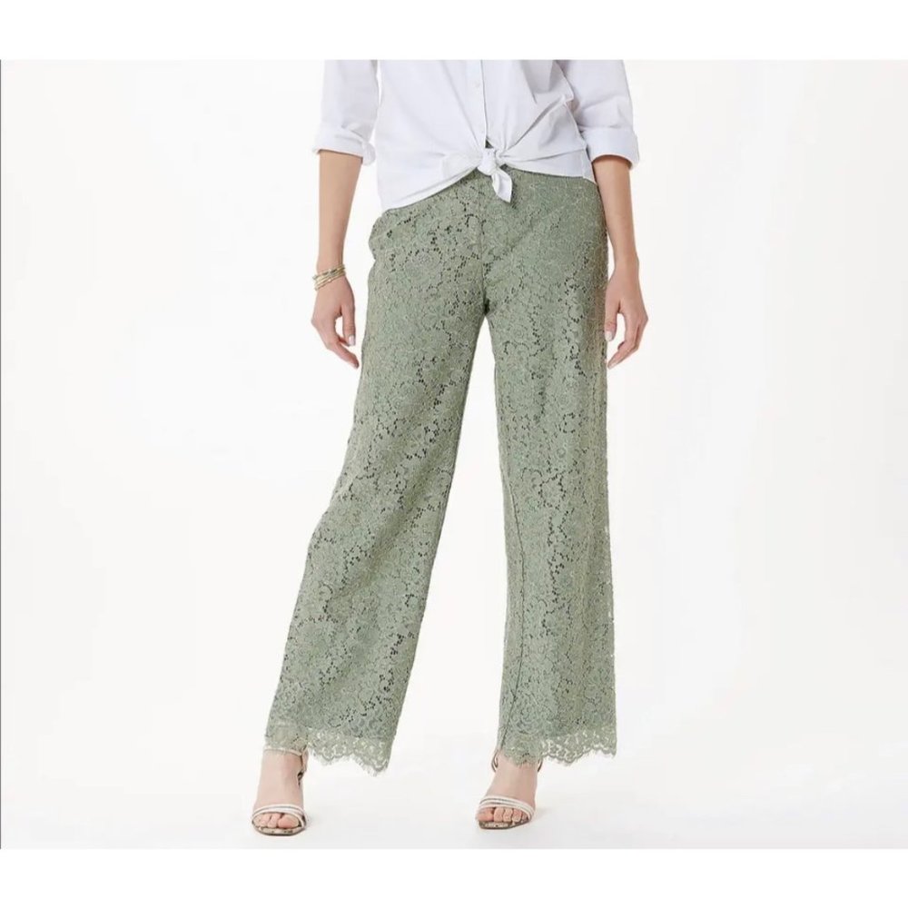 NWOT Isaac Mizrahi Wide Leg Lace Pants, Sage Green, Small Petite